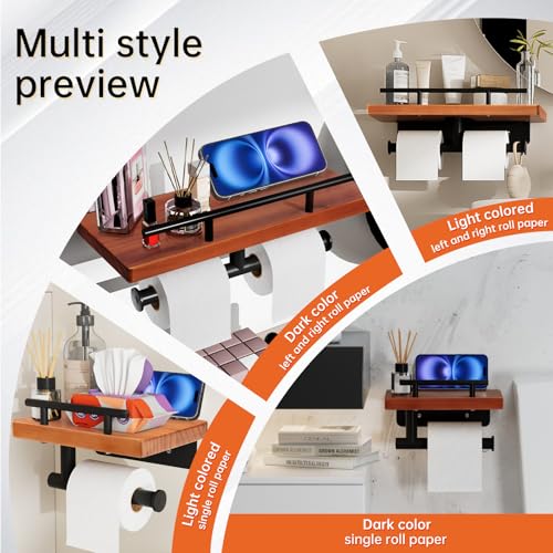 Toilet Paper Holder with Wood Shelf, Wall Mount Toilet Paper Roll Holder with Wooden Shelf and Matte Black Stainless Steel Pipe, Tissue Roll Holder for Bathroom Washroom (Dark Brown, 13.8'' x 5.9'') - color: Dark Brown, size: 13.8'' x 5.9''