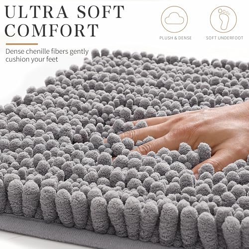 Yimobra Bathroom Rugs Non-Slip Washable – Extra Soft & Absorbent Chenille Bath Mat, Quick-Dry Plush Shaggy Floor & Vanity Bath Rugs for Tub & Shower, Modern Home Decor Accessories, 24 x 17, Grey - color: Grey, size: 24" X 17"