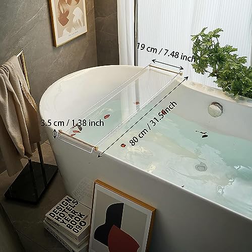 Beelee Clear Acrylic Bathtub Tray, Gold Rail Waterproof Tub Caddy Accessory | Sturdy Transparent Panel, Holds Reading Materials, Cell Phones and Wine Glasses, Ideal Spa Decor and Premium Gift for Women