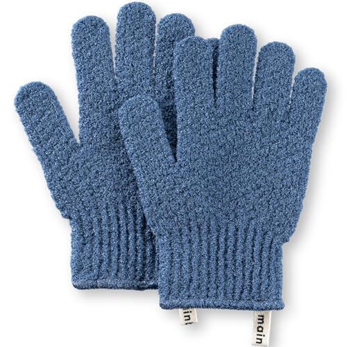 MainBasics Deep Exfoliating Bath Gloves, Blue, 1 Pair | Heavy-Textured Nylon, Shower Scrub, Dead Skin Removal, Machine Washable - color: Pigeon Blue