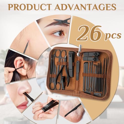 MINKINH Manicure Set Professional Nail Clipper Kit-26 Pieces Stainless Steel Manicure Kit,Nail Care Tools with Luxurious Travel Case (Brown) - color: Brown