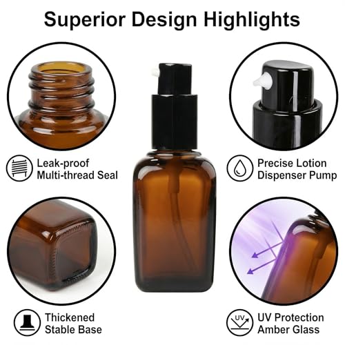 ericotry 3PCS 50ml Empty Refillable Square Amber Glass Cream Lotion Pump Bottles for Makeup Face Cream Facial Cleanser Toiletries Toner Liquid Travel Containers Emulsion Essential Oil Dispenser - size: 50ML