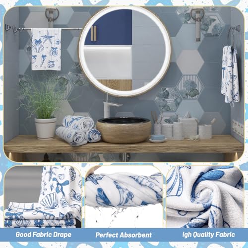 Tatuo 8 Pcs Beach Shower Curtain Set Blue Bow Ocean Bathroom Accessories Sets Coquette Starfish Coastal Waterproof Shower Curtain with Towels Carpet Bath Mat Toilet Rug 12 Hooks for Summer Beach Party - style: Blue Ocean