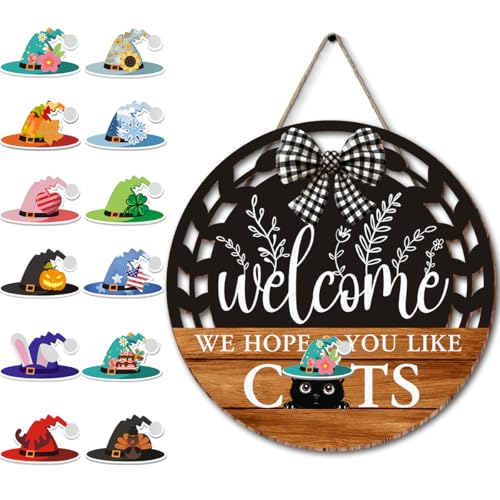 Interchangeable Seasonal Welcome Hanging Sign - Farmhouse Front Door Decoration for Holidays - Rustic Round Wood Wreaths with 12 Icons – Welcome Cat Lover(Orange) - color: catsorange