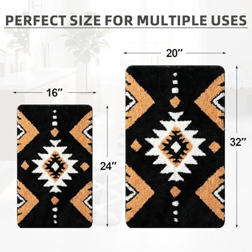 Arttown Black Boho Aztec Vintage Bathroom Rug Set 2 Piece Fluffy Microfiber Bathroom Mat Non-Slip Water Absorbent Bath Rug Soft Washable Floor Rug for Tub Showers Laundry Room Decor (16"x24"+20"x32") - color: Black Brown