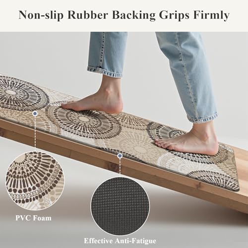 HEBE Anti Fatigue Kitchen Rugs Sets of 2, Non Slip Kitchen Mats for Floor, Waterproof Cushioned Comfort Standing Carpet for Kitchen Sink, Home Office, Laundry Room - color: Floral/Brown, size: 17.3"x48"+17.3"x28"-0.4"Th