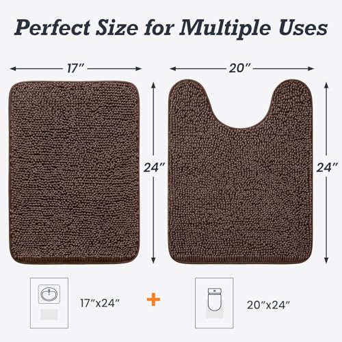 HUXMEYSON Bathroom Rugs Set 2 Piece, Ultra Absorbent Chenille Non Slip Bathroom Mat Set - 20'' x 24'' U-Shaped Contour Toilet Rug & 17'' x 24'' Extra Soft Plush Bath Mat - Machine Washable, Brown - color: Brown, size: 24" x 17" + U Shape 24" x 20"