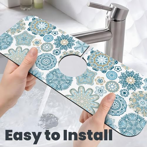 Mandala Boho Blue Flower 15" X 5.5" Kitchen Sink Splash Guard Faucet Faucet Guard Draining Mat Sink Splash Guard Faucet Kitchen Bathroom - color: Mandala Boho Blue Flower