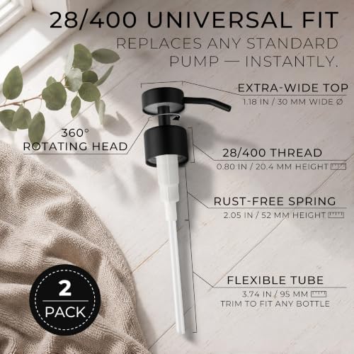 Soap Dispenser Pump | Stainless Steel Replacement | Durable, Rustproof | for Glass & Plastic Bottles with 28mm 28/400 Thread - 2 Pack (Black) - color: Black