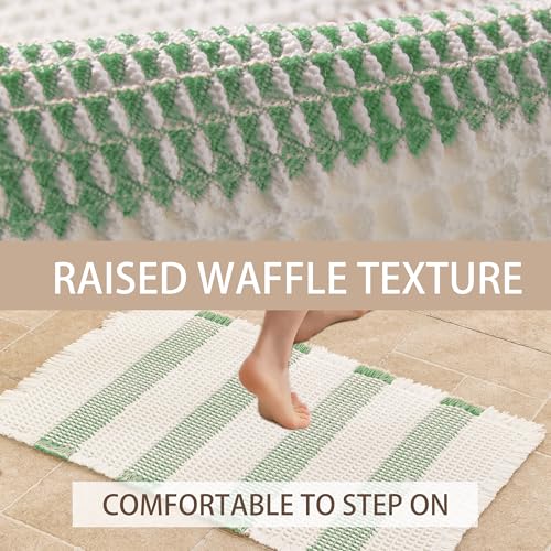 Waffle Bath Mat Non Slip, Boho Bathroom Rug, Super Absorbent Quick Dry Bathroom Mat, Soft Farmhouse Bath Rug with Tassels, Small Washable Shower Mats for Floor 20"x32", White and Green - color: Green and White, size: 1'8" x 2'8" (Rectangular)