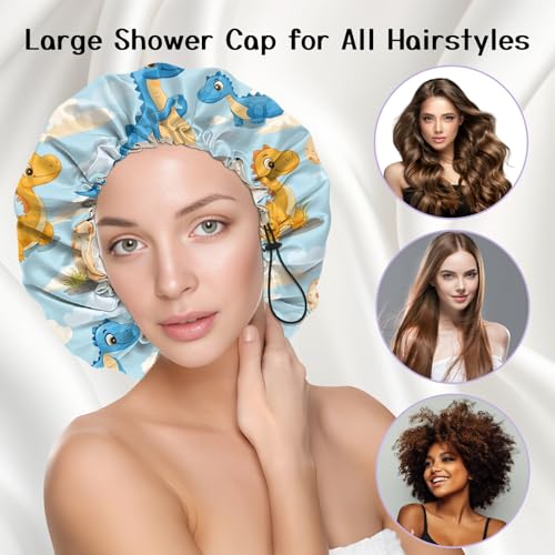 Luxury Shower Cap Silk Satin Lined Waterproof Reusable Adjustable Elastic Dry Hair Bathing Caps Cute for Women Girls-Dinosaur - color: C-18-Dinosaur