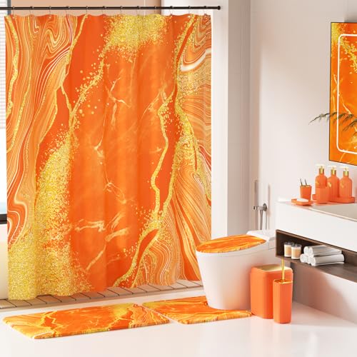 21PCS Bathroom Sets with Shower Curtain and Rugs Bathroom Accessories Set Orange Bathroom Set Complete with Trash Can, Toilet Brush, Qtip Holder & 3PCS Soap Dispenser - size: Bath Set+Marble Shower Curtain+Rugs, style: Orange