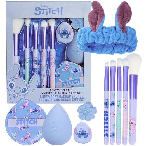 Get Trend Disney Stitch Makeup Brush and Sponge Set for Girls, Teens with Headband Powder Puffs Soft Brushes and Beauty Sponges, Gifts for Girls (Blue Stitch) - color: Blue Stitch