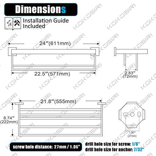KOKOSIRI Matte Black Towel Rack 24'' Bathroom Towel Shelf with Double Towel Bars SUS304 Stainless Steel Wall Mounted, B6003BK - color: Matte Black, size: 24-Inch