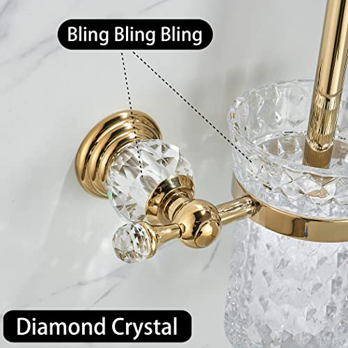 WOLIBEER Crystal Toilet Brush Holder, Polished Gold Brush Handle with Replaceable Brush Head, Stainless Steel Bathroom Cleaning Set Wall Mounted - color: Gold