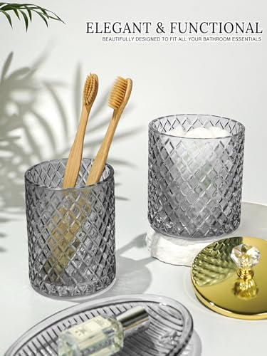 Haturi Gray Glass Bathroom Accessories Set, 4-Piece - Lotion Soap Dispenser, Toothbrush Holder, Cotton Swab Jar & Soap Dish – Elegant Gold Accent for Countertop & Housewarming Gift - style: Smoky Gray