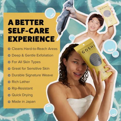 GOSHI Exfoliating Shower Towel - Long Body Scrubber for Back Acne, KP & Smooth Skin - Durable Rip-Resistant Weave, Quick-Dry Nylon Washcloth - Ethically Crafted in Gunma, Japan - Grey - color: Grey
