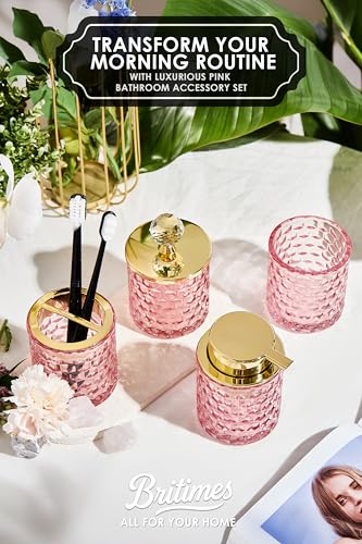Pink Bathroom Accessories, 4Pcs Pink Bathroom Accessory Set Complete, Toothbrush Holder Set, Soap Dispenser, Qtip Holder, Tumbler, Perfect for Bathroom Decor and Vanity - color: Pink