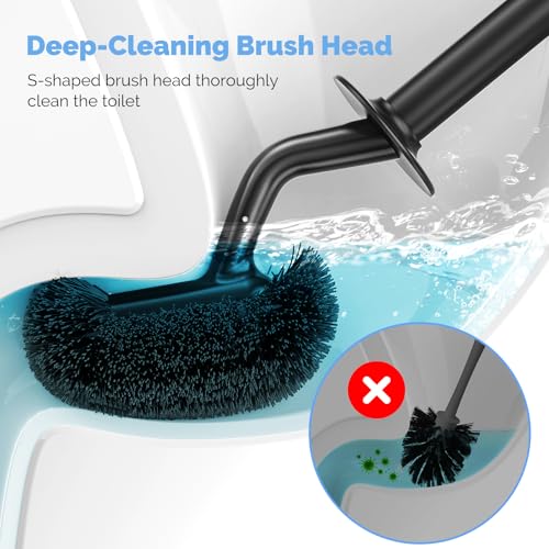 HAMITOR Toilet Bowl Brush Holder Set: Curved Design with Holder for Deep Cleaning Under Rim - Compact Hidden Scrubber for Small Space - Modern RV Bathroom Accessories - Black - color: Black