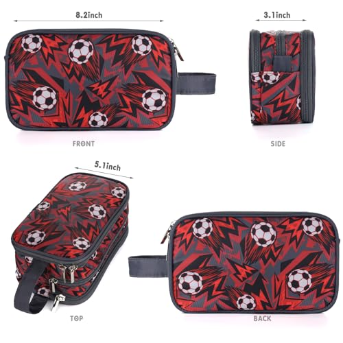 Kids Toiletry Bag for Boys, Travel Toiletry Bag for Little Young Boys Waterproof Hanging Wash Bag Toddler Traveling Toiletries, Red Soccer Balls - color: Red Soccer