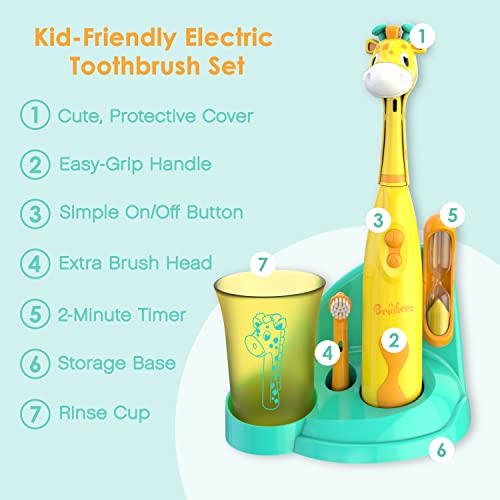 Brusheez Kids’ Electric Toothbrush Set - Safe & Effective for Ages 3+ - Parent Tested & Approved with Gentle Bristles, 2 Brush Heads, Rinse Cup, 2-Minute Timer, & Storage Base (Jovie the Giraffe) - color: Jovie the Giraffe