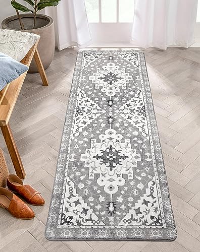 Uphome Boho Vintage Bathroom Runner Rug Gray Non-Slip Soft Bedroom Rug Machine Washable Oriental Kitchen Rug Traditional Tribal Floral Floor Mats for Hallway Kids Room Entryway, 24x71 inch - color: Grey, size: 24x71 inch