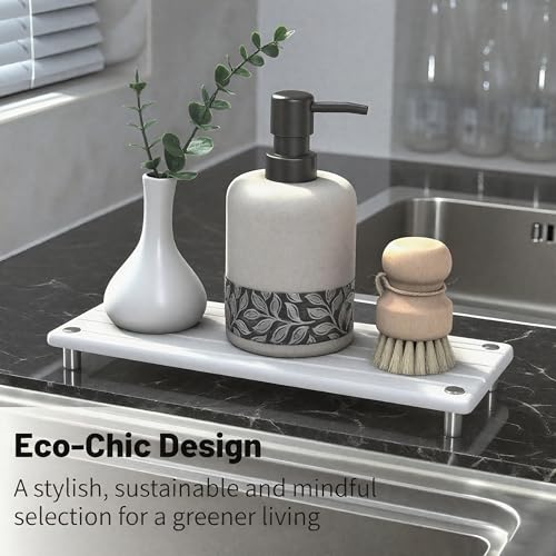 Quick Dry Sink Caddy Kitchen Sink Organizer, Water Absorbing Stone Tray for Sink, Stone Drying Tray, Diatomite Faucet Mat & Protector, Dispenser Sponge Holder, Stone Soap Tray for Bathroom Counter - color: White Metal Foot Wave Large