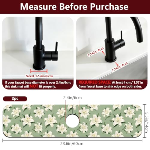 2 Pcs Kitchen Sink Splash Guard Faucet Mat Lily Faucet Mat for Sinks Flowering Plant Absorbing Drying Mats for Kitchen Bathroom, 23.6x5.5inch - color: Lily