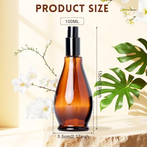UPSTORE 2Pcs 100ml/3.4oz Amber Glass Lotion Pump Bottles Travel Size Pump Dispenser Cosmetics Containers Bottle Jar with Black Pump for Essential Oil Foundation Cream Shampoo