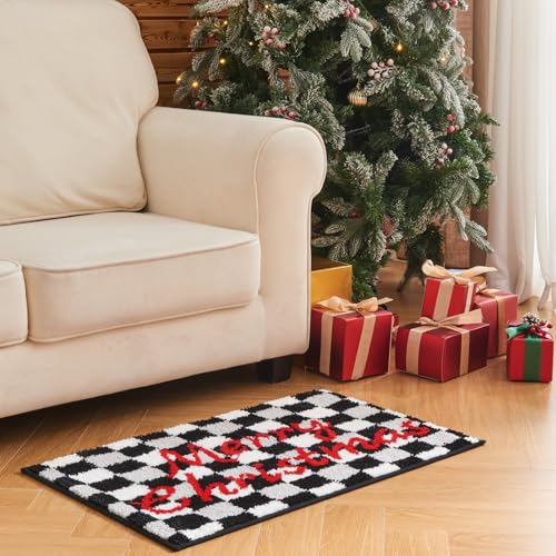 Douceur Merry Christmas Checkered Bathroom Rugs, Cute Black and White Checkerboard Bath Mat Non Slip, Soft and Absorbent Washable Bath Rugs, 24"X16" - color: Christmas Checkered-black, size: 1'4" x 2' (Rectangular)