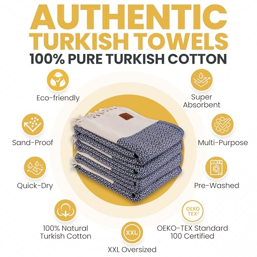 Gold CASE Turkish Beach Towel Set of 4 – 100% Cotton Large Turkish Bath Towels 67 x 38'' – Aphrodite Extra Large, Quick Dry & Sand Free Towels – Peshtemal for Pool – Navy Blue - color: Navy Blue, style: Aphrodite Beach Bath Towel