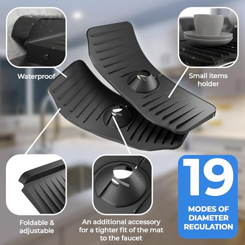 Black Kitchen Sink Splash Guard Behind Faucet. Food-Grade Silicone Kitchen Faucet Splash Guard for Bathroom, RV. Durable Faucet Absorbent Mat for Kitchen Sink with Flexible Petals, Grooves