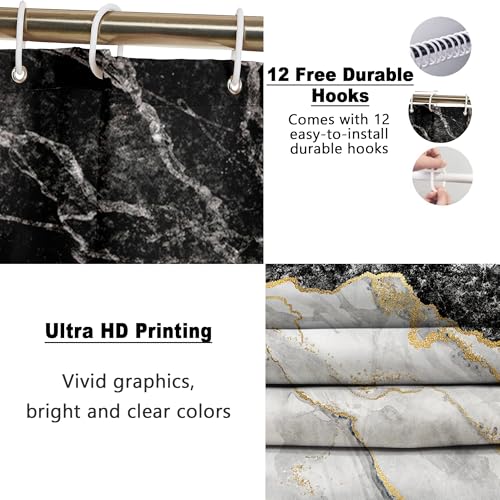 Poedist 4 Pcs Black and Gold Edge Marble Bathroom Shower Curtain Set, Bathroom Sets with Shower Curtain and Rugs(Bath Mat,U Shape and Toilet Lid Cover Mat) and 12 Hooks-Black - color: Black Yellow