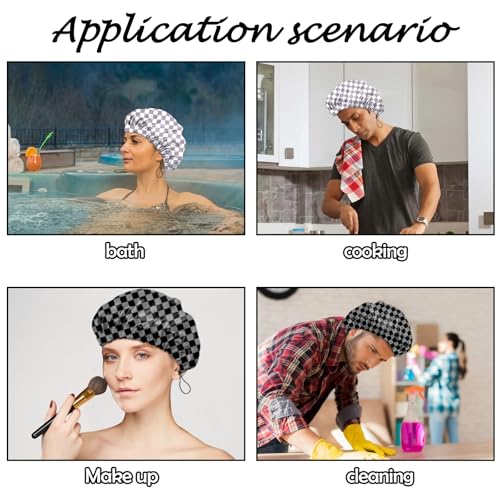 2 PCS Shower Cap Reusable Waterproof Adjustable Double Layer Elastic Dry Hair Bathing Caps Aesthetic Cute for Women Girls-Purple Black Gray - color: H-2-Purple Black Gray