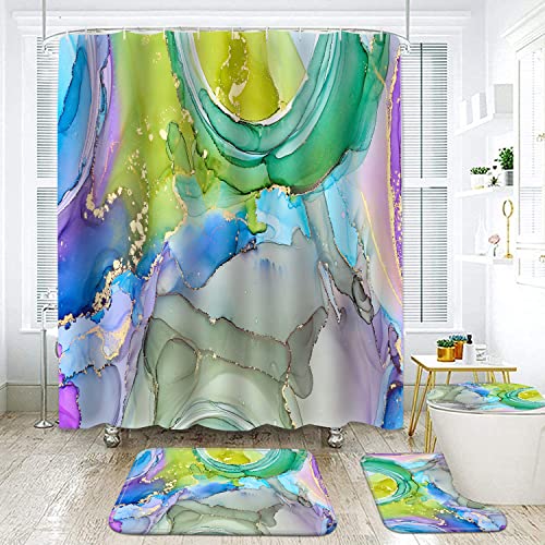 Marble Bathroom Sets with Rugs for Bathroom Decor, 72x72 Inches Gold Shower Curtain with Non-Slip Rugs and Accessories, Waterproof Machine Washable Bath (Curtain Set-Colored Gold Marble14) - color: Curtain Set-colored Gold Marble14