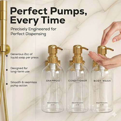 Luxury Shampoo and Conditioner Dispenser Set Wall Mounted by Brighter Barns - No-Drill Shower Soap Dispenser Set & Stainless Steel Pumps - Refillable Shampoo Bottles - Gold Bathroom Decor (Clear Gold) - color: Modern (Clear Gold)