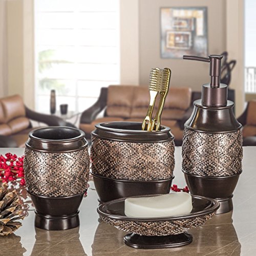 Creative Scents Dublin Brown Bathroom Accessories Set Complete - 4 Pc. Bathroom Sets Accessories, Luxury Bathroom Accessory Set - Soap Dispenser, Soap Dish, Tumbler & Toothbrush Holder Set - style: 4 Piece Set
