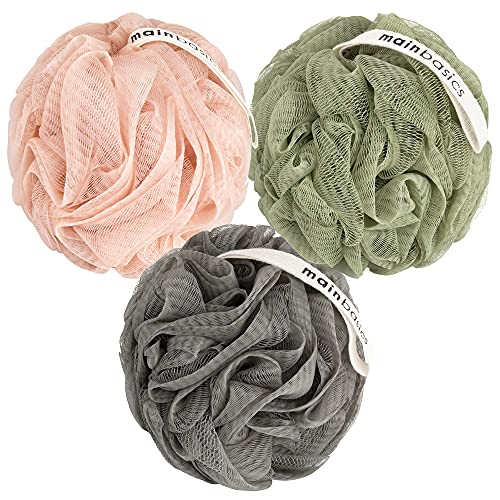 MainBasics Shower Loofah Sponge Pouf, Set of 3, Earthy Love | Soft Mesh Body Scrubber and Bath Sponge for Gentle Exfoliation, Rich Lather, and Everyday Shower Use - style: Earthy Love