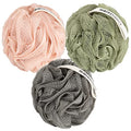 MainBasics Shower Loofah Sponge Pouf, Set of 3, Earthy Love | Soft Mesh Body Scrubber and Bath Sponge for Gentle Exfoliation, Rich Lather, and Everyday Shower Use - style: Earthy Love