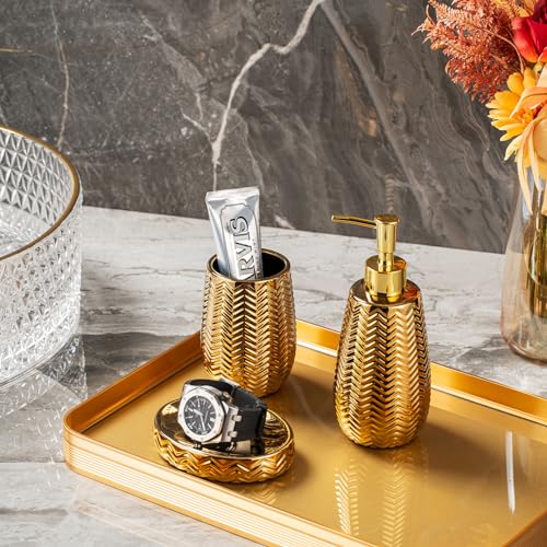 Gold Bathroom Accessories 4pcs Stylish Bathroom Accessories Set Gold Soap Dispenser Pump, Tumbler, Soap Dish and Trash Can Modern Decor Wavy Design Ceramic Bathroom Accessory Set