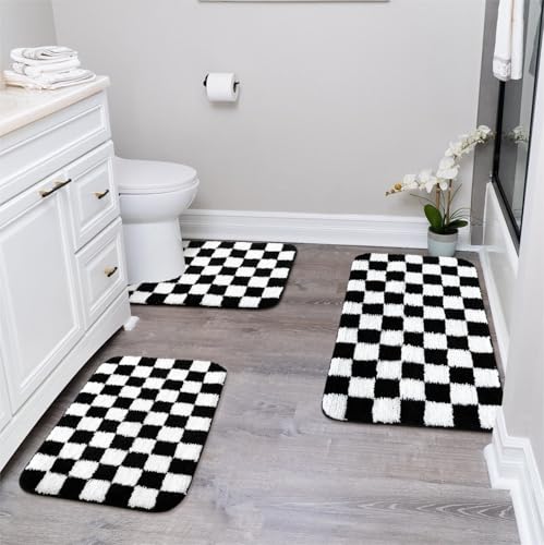 Uphome Bathroom Rugs Set 3 Piece, Black and White Checkered Bath Mat Set Non Slip Machine Washable, Soft Plush Microfiber Bathroom Mat with U Shaped Toilet for Tub, Shower - size: 18x25+20x31+U Shape 20x24 inch