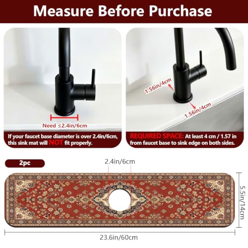 2 Pcs Kitchen Sink Splash Guard Faucet Mat Retro Red Bohemian Pattern Faucet Mat for Sinks Flower Absorbing Drying Mats for Kitchen Bathroom - color: Red Bohemian Pattern