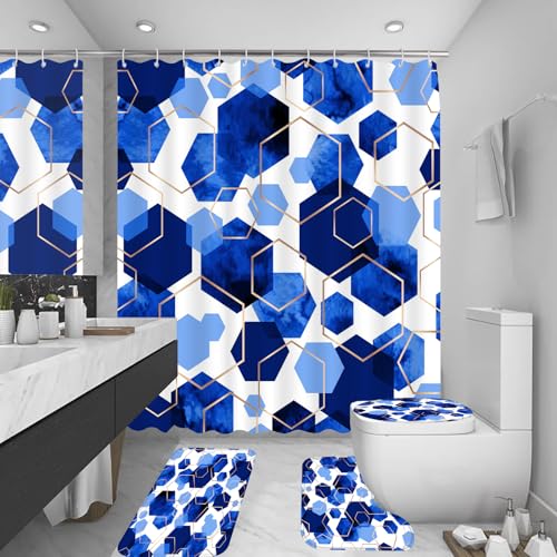 4Pcs Blue White Geometric Shower Curtain Set, Neutral Modern Art Deco Shower Curtain with Hooks, Elegant Trendy Simple Bathroom Sets with Shower Curtain and Rugs, 71 * 71in - color: Blue