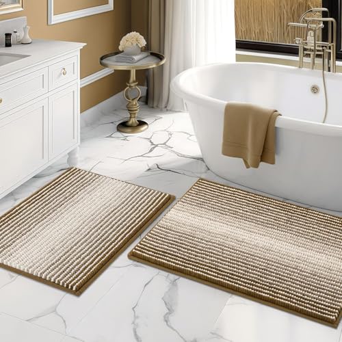 BSICPRO Bathroom Rugs and Mats Sets, 2 Piece Thick Absorbent Chenille Non Slip, Soft Shaggy Bath Room Floor Mats for Bathroom, Machine Washable (Petrified Oak, 20" x 32" Plus 16" x 24") - color: Petrified Oak, size: 20" x 32" Plus 16" x 24"
