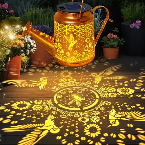 Hummingbird Solar Lights Outdoor Waterproof, Birthday Gifts for Christmas Mom Grandma Women, Solar Watering Can Lights with Shepherd Hook, Metal Hanging Lantern Garden Decor Yard Outside Patio Lawn - color: Hummingbird
