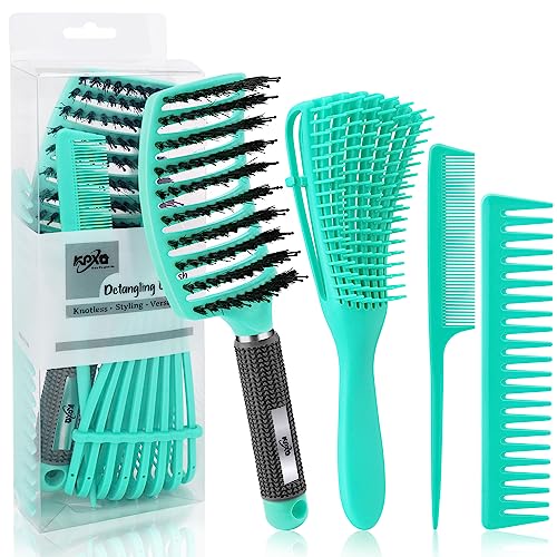 4pcs Curly Hair Brush Set for Adult & Kids Wet or Dry, Detangling & Wide Tooth Comb with Hair Detangler (4, Green) - color: Green, size: 4pcs