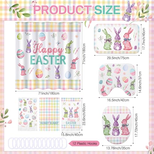 Haull 7 Pcs Easter Shower Curtain Set for Bathroom Bunny Eggs Non Slip Rug Toilet Lid Cover Bath Mat Towels Decor with 12 Hooks Happy Easter Waterproof Shower Curtain for Bathroom Spring Decor Set - style: Easter