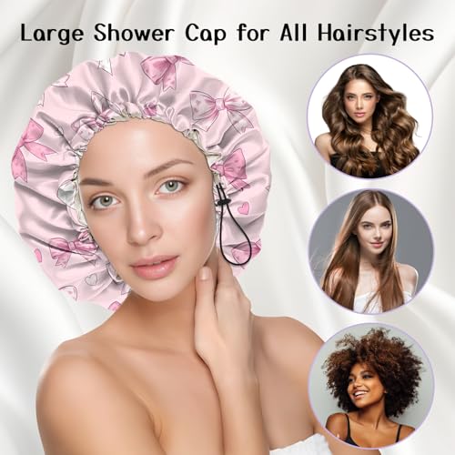 Luxury Shower Cap Silk Satin Lined Waterproof Reusable Adjustable Elastic Dry Hair Bathing Caps Cute for Women Girls-Pink Bowknot - color: C-6-Pink Bowknot