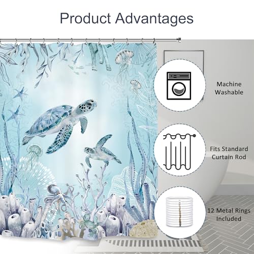 Turtle Ocean Sea Shower Curtain 60Wx72L Inch Teal Blue Undersea Underwater Nautical Bathroom Set Accessories Decor with 12 Pack Hooks - color: Teal Blue Turtle, size: 60"W x 72"L (Pack of 1)