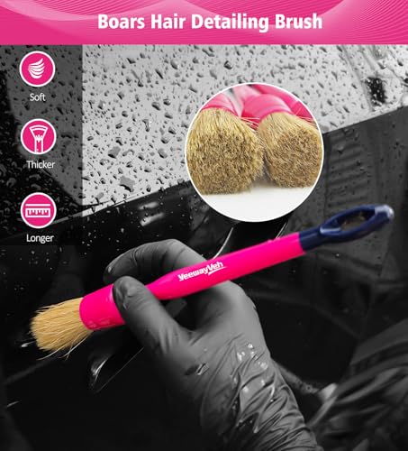 YeewayVeh 6PCS Car Detailing Brush Set, 3pcs Boars Hair Detailing Brushes, 3pcs Ultra Soft Detail Brush for Leather Seat Air Vents Engine Bay, Detail Brushes Car Detailing for Interior Exterior, Pink - color: Magenta Pink